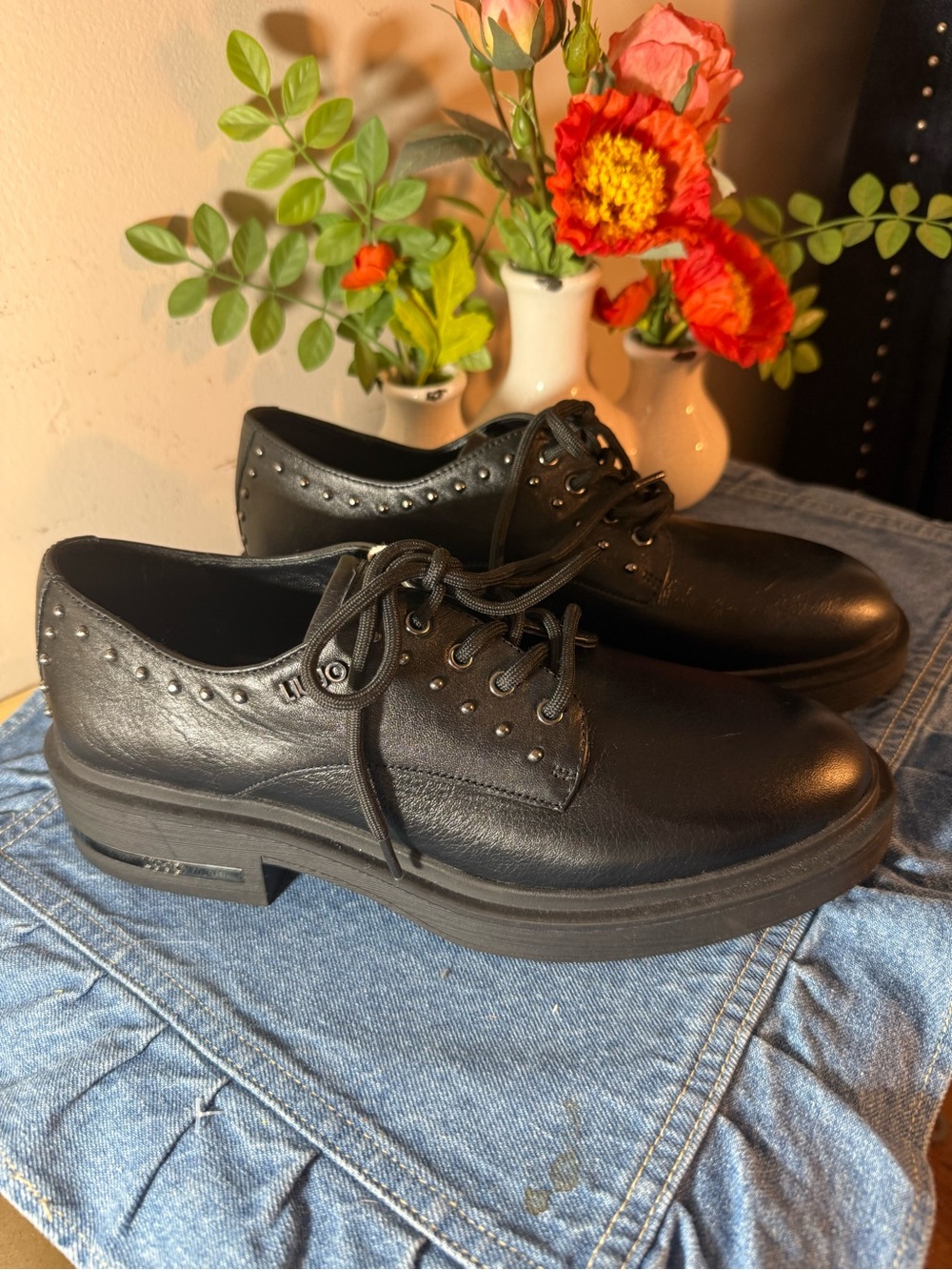 Liu Jo Italian Black Studded Lace-Up Platform Derby Flats